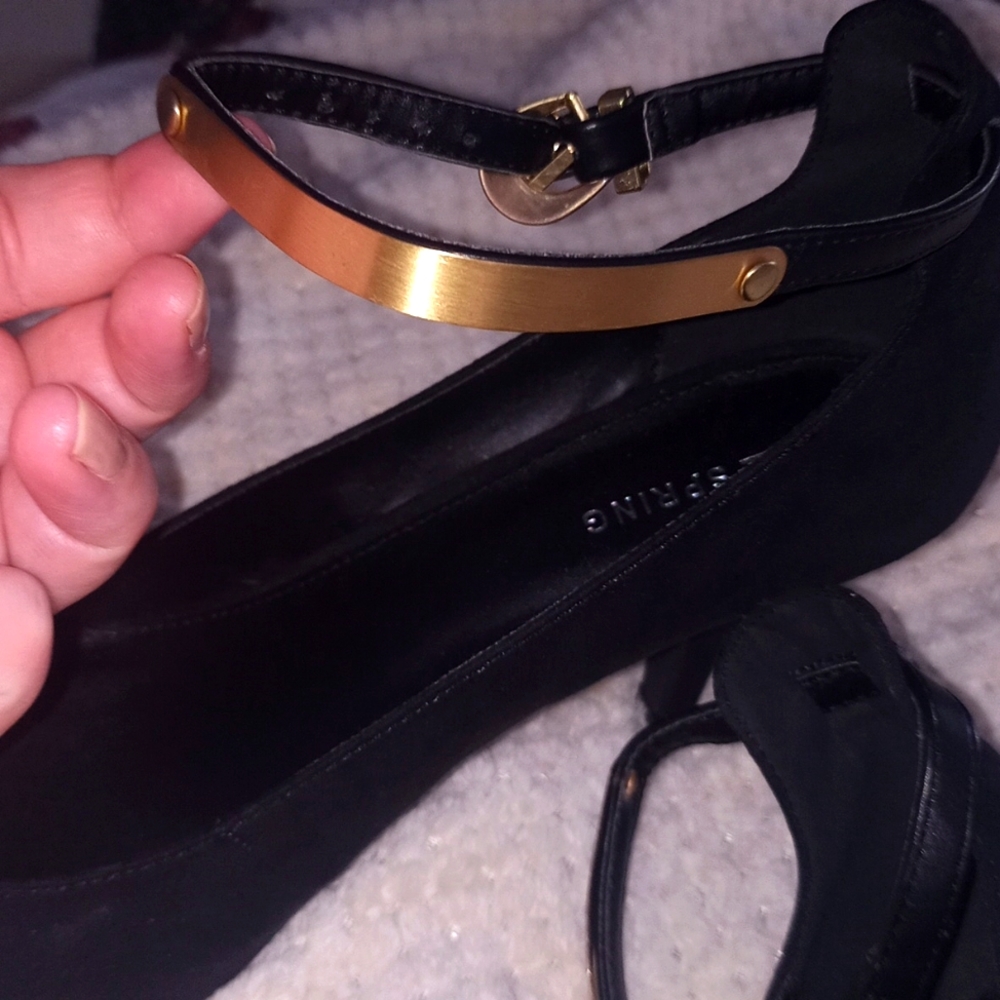 Call It Spring black stiletto with gold plated ankle strap